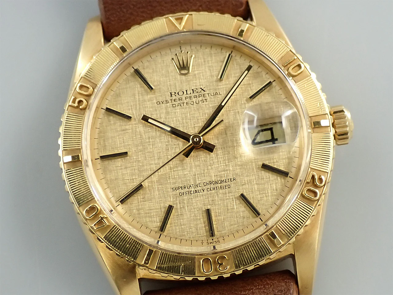 ロレックス デイトジャスト Ref.1625/8 イエローゴールド シャンパンモザイク文字盤 革ベルト - Image 3