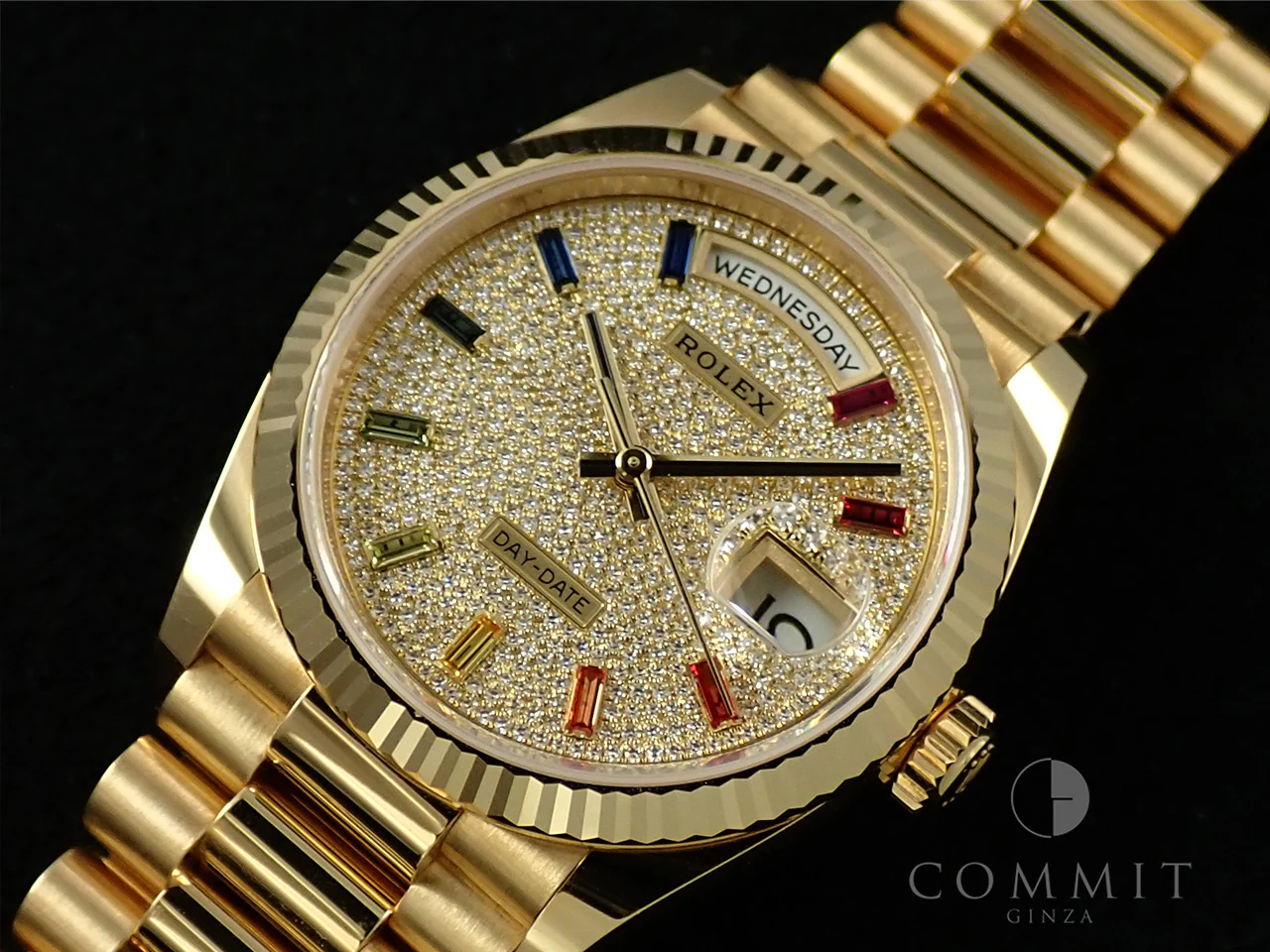 ロレックス デイデイト36 Ref.128238 イエローゴールド パヴェダイヤxレインボーサファイア文字盤 - Image 10